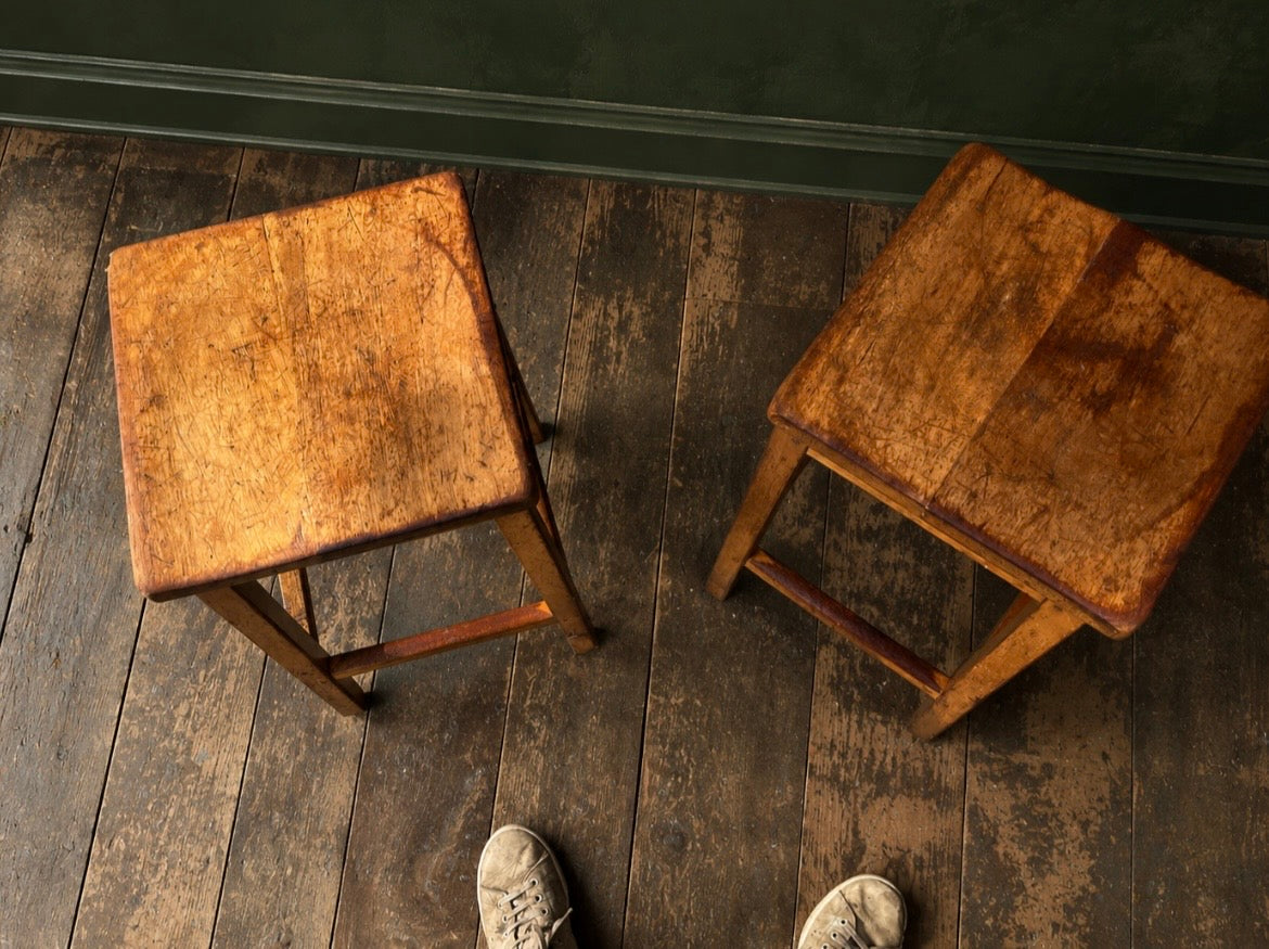 Vintage 1950s wooden School Lab Stool - pair