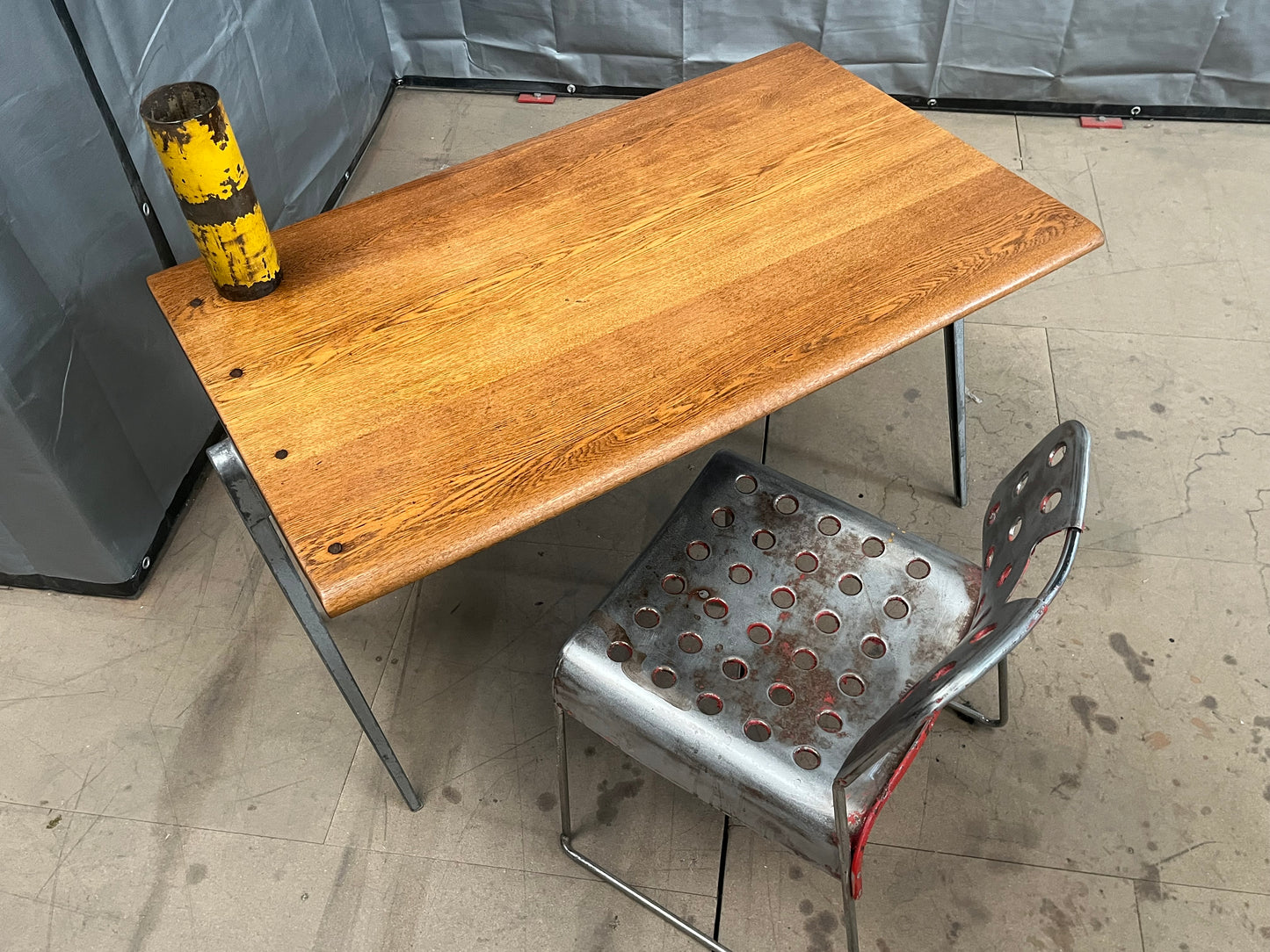 1950s James Leonard compass leg Desk with reclaimed elm top