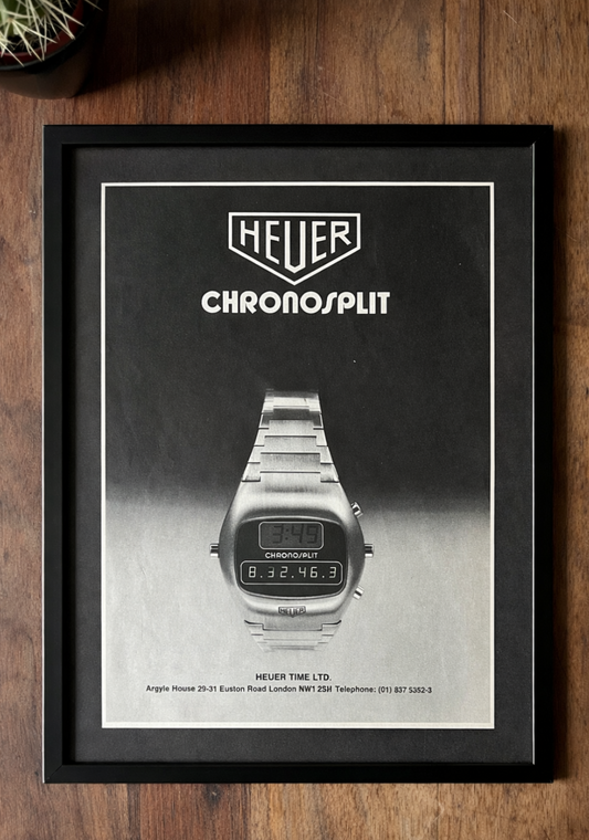 Vintage 1973 Tag Heuer Chronosplit watch advertisement