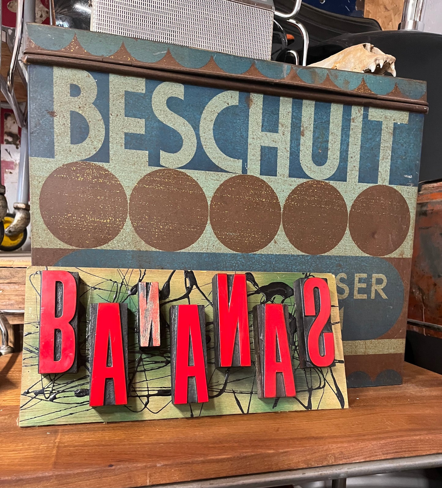 “Bananas” artwork from reclaimed Printing blocks