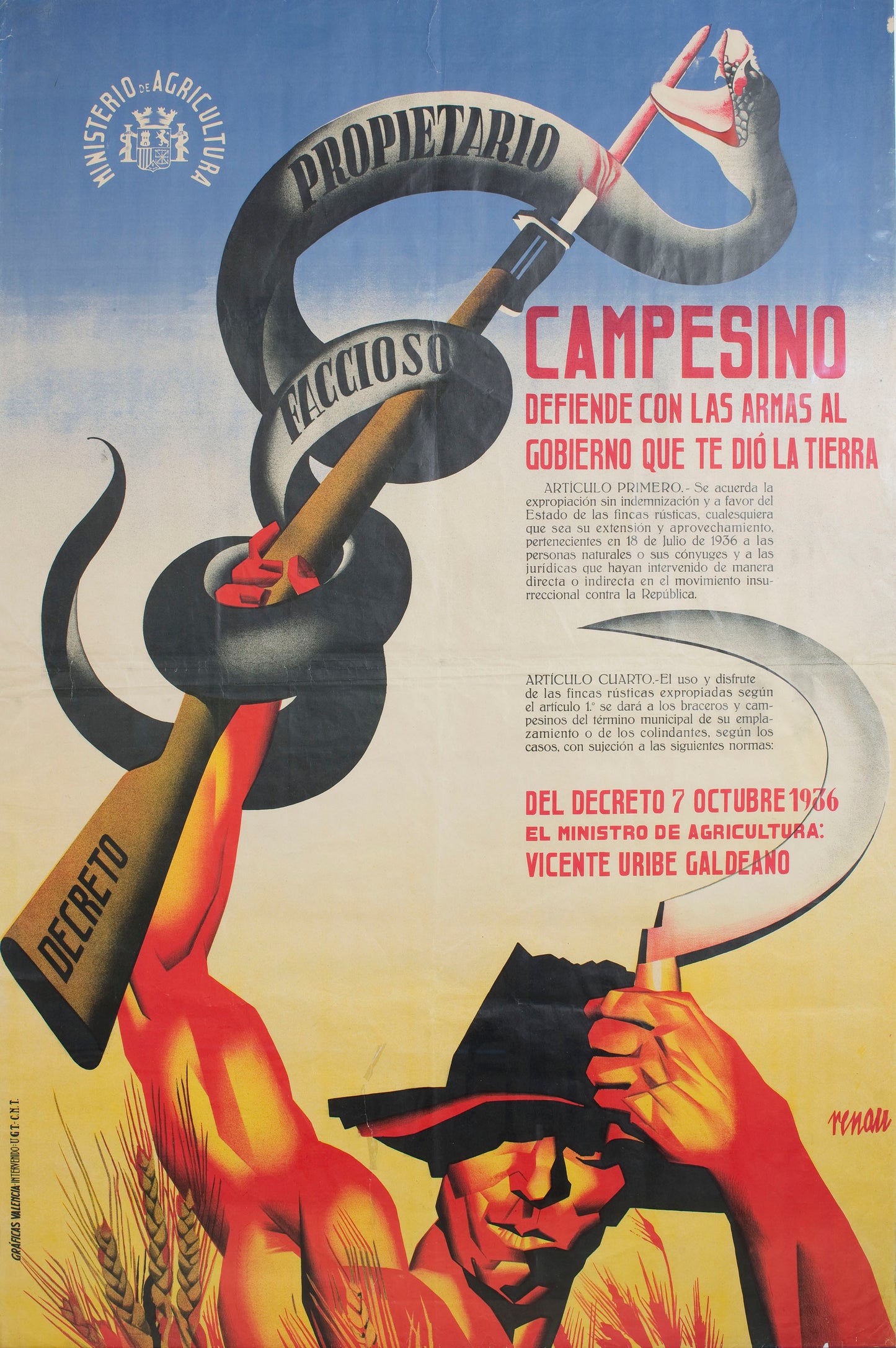 Spanish civil war Vintage Poster - c1936 Campesino, defiende con las armas al Gobierno que te dió la tierra.