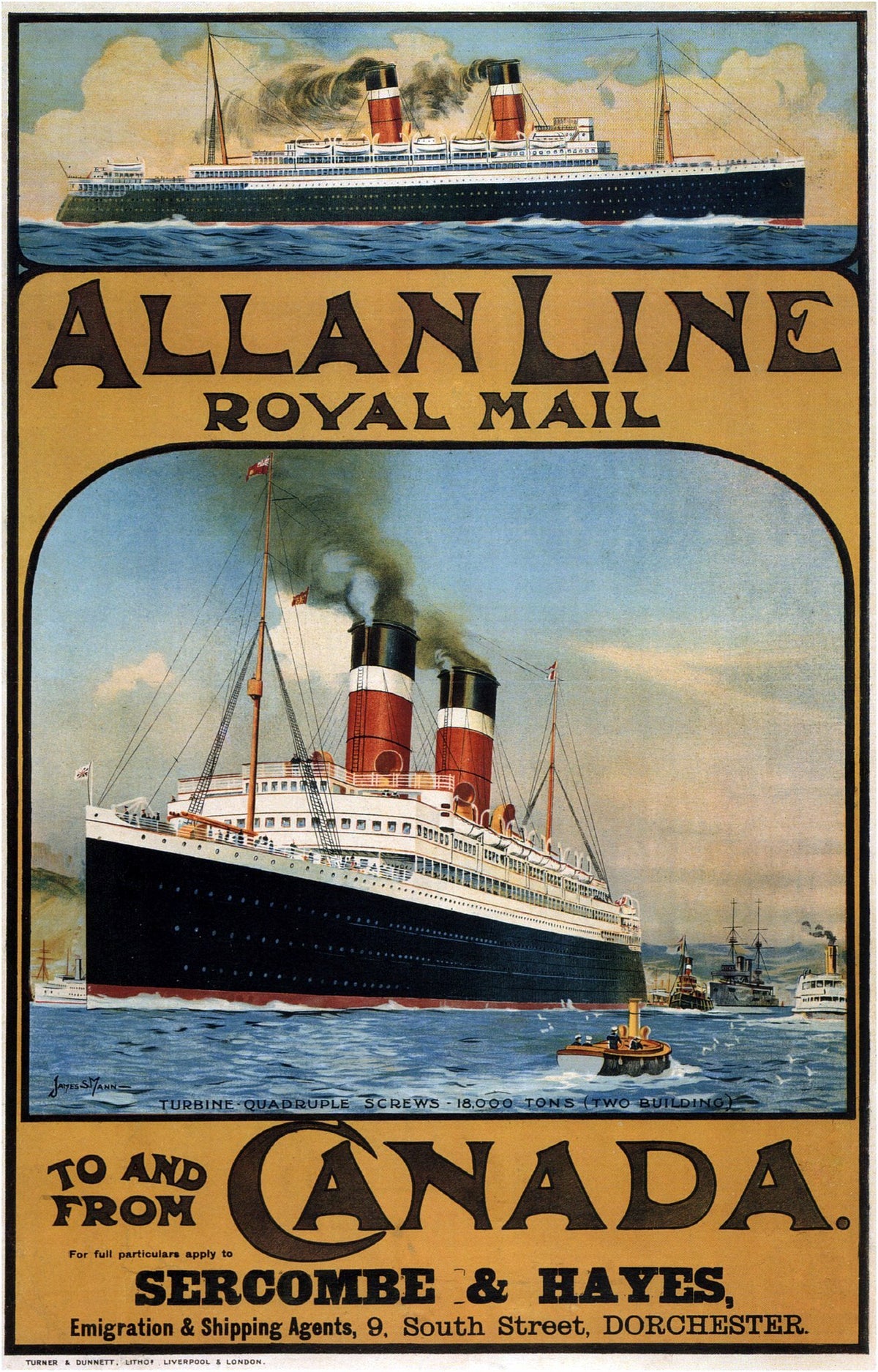 Two detailed ocean liner scenes accompany decorative black lettering on a golden ground with a Dorchester shipping agency panel.