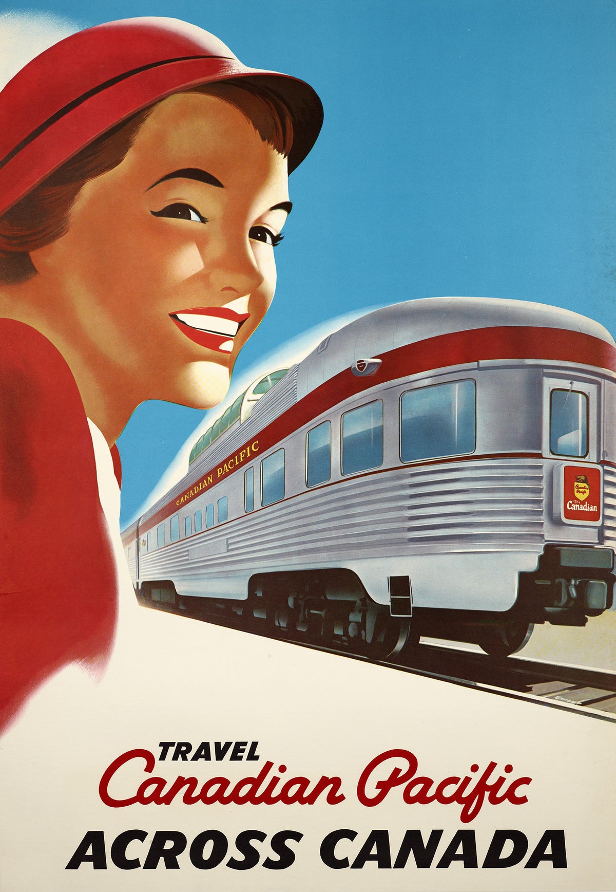 A smiling woman in a red hat appears beside a sleek silver Canadian Pacific train beneath a clear blue sky.