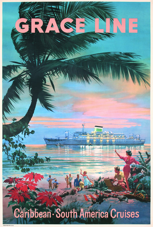 A passenger liner rests on turquoise water beneath a pink evening sky, framed by palms, flowers and holidaymakers.