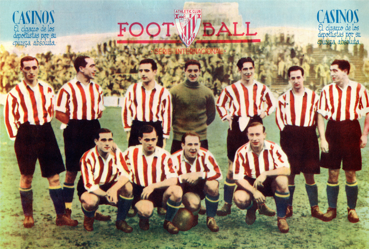 An Athletic Club team poses in red-and-white striped shirts beneath a club crest and pale blue Casinos advertising headings.