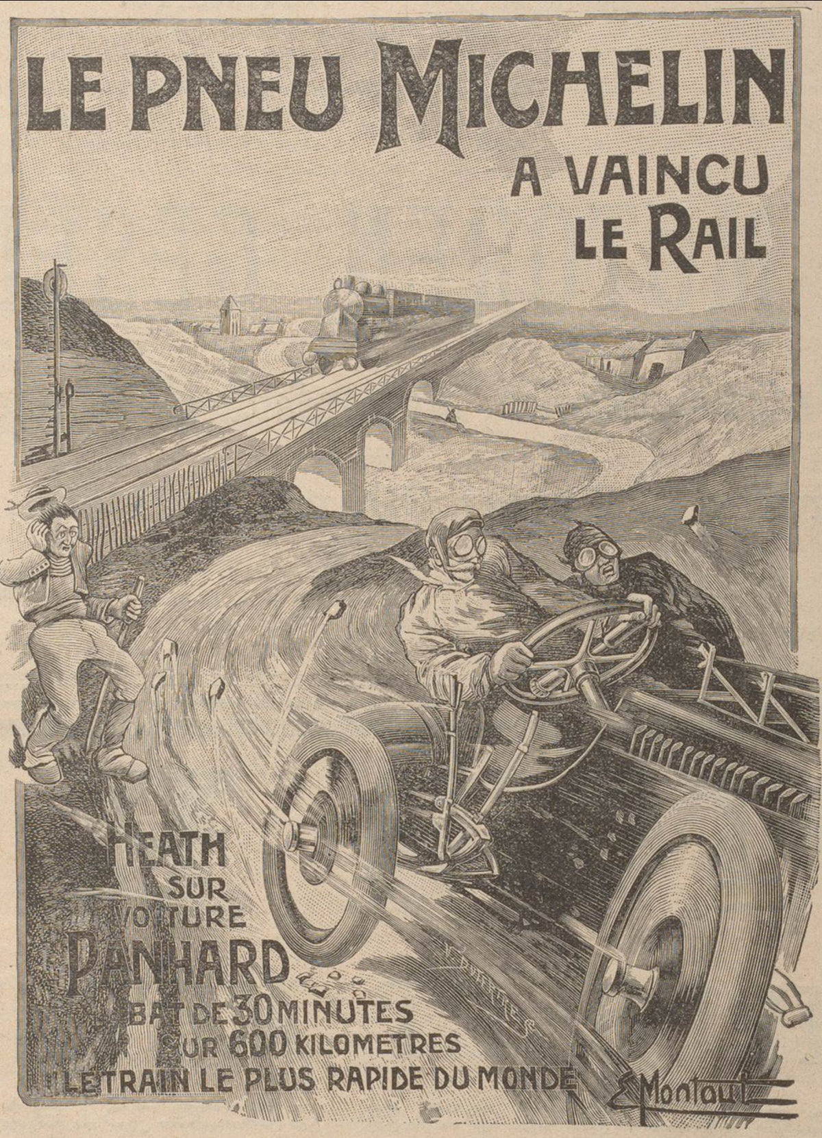 A speeding Panhard racing car rounds a bend beneath a railway viaduct in a monochrome Michelin motoring illustration.
