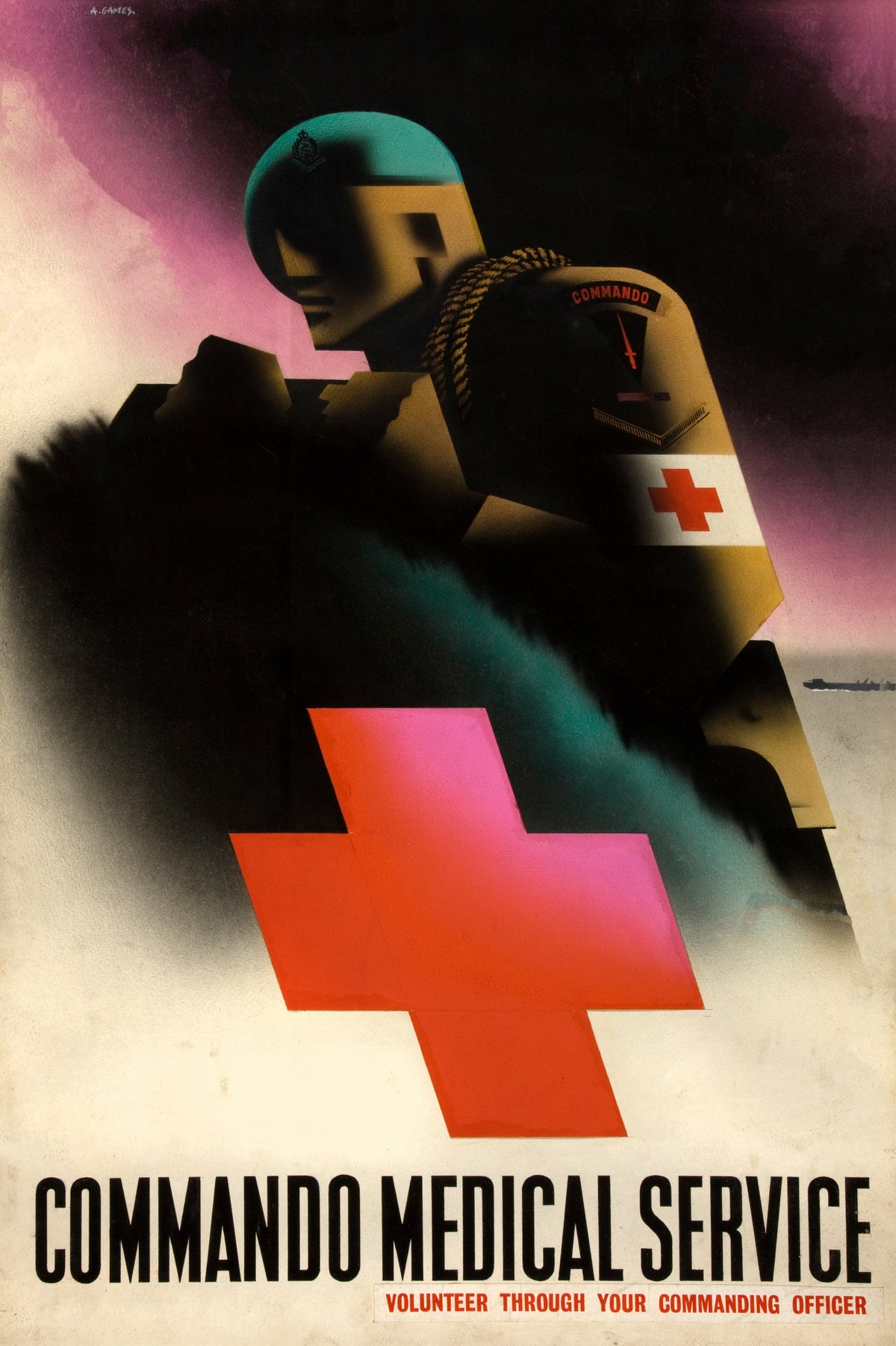 A stylised commando medic wearing a green beret and Red Cross armband emerges from a dramatic dark background above bold recruitment lettering.