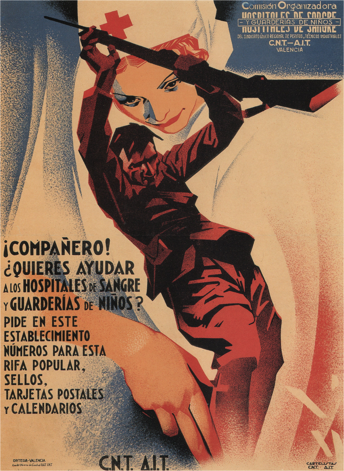 A rifle-bearing figure is set against an enlarged nurse's face and Spanish fundraising text in a dramatic red, cream and blue composition.