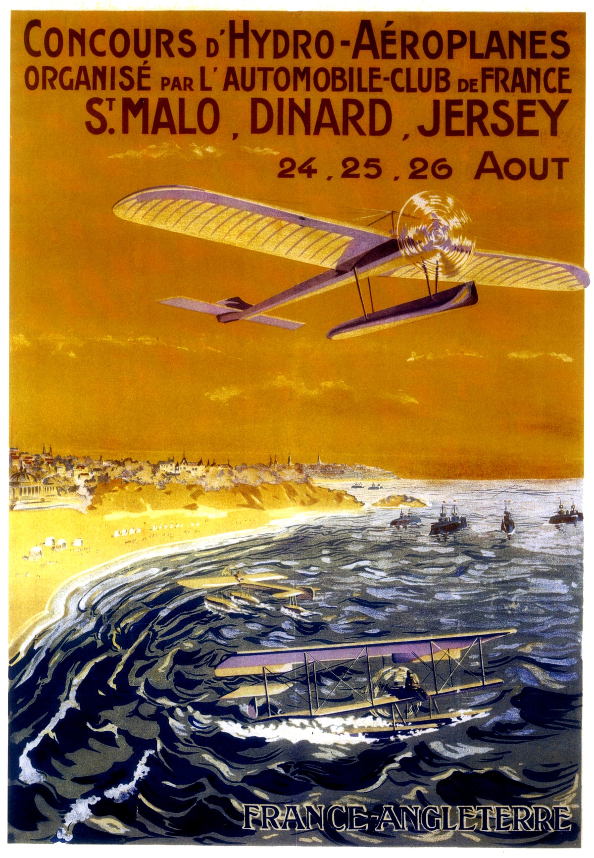 Early seaplanes fly and skim over dark blue water beneath a golden sky, advertising an aviation competition at St Malo, Dinard and Jersey.