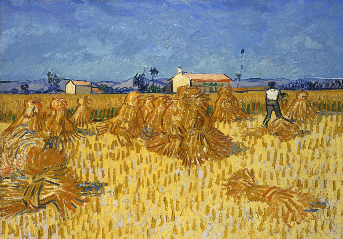 Golden sheaves fill a harvested field beneath a vivid blue sky, with a farm worker and pale buildings in the distance.