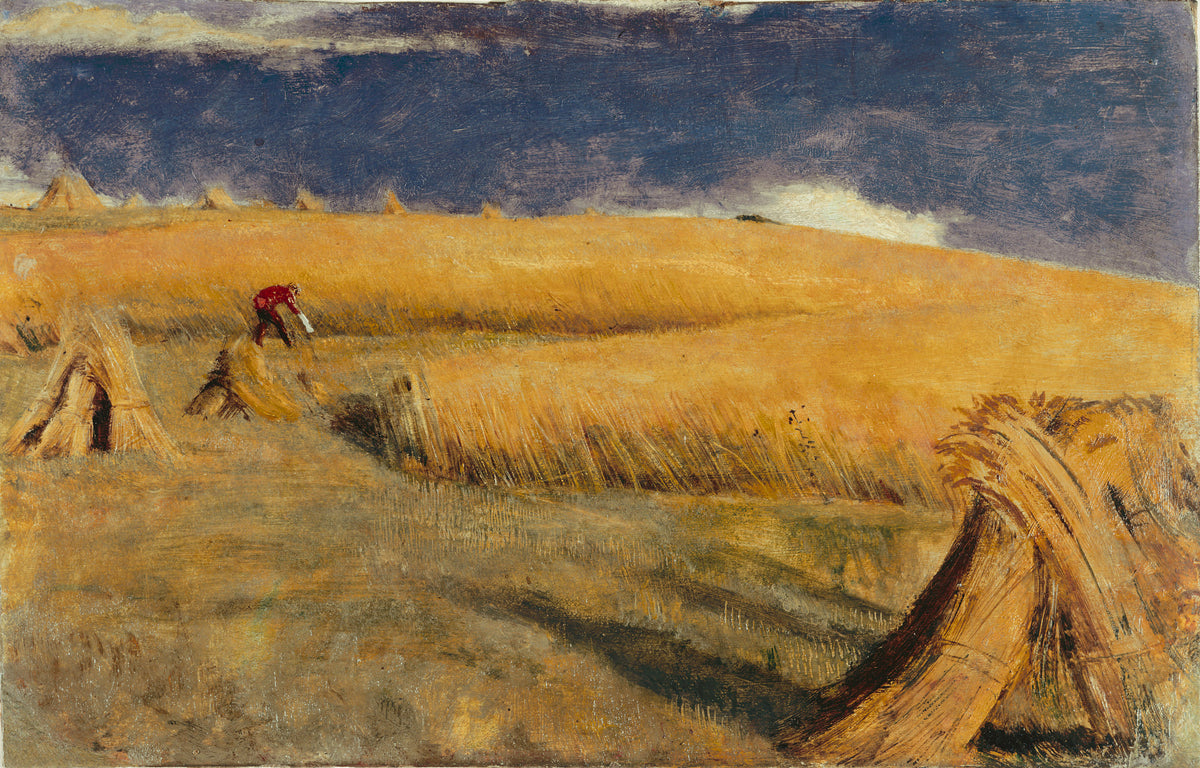 Golden wheat, bundled sheaves and small harvesting figures stretch beneath a dark stormy sky in a textured rural landscape.