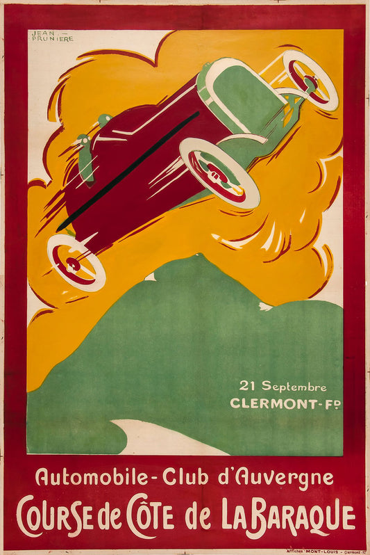 A red and green racing car climbs diagonally across a bright yellow and green composition.
