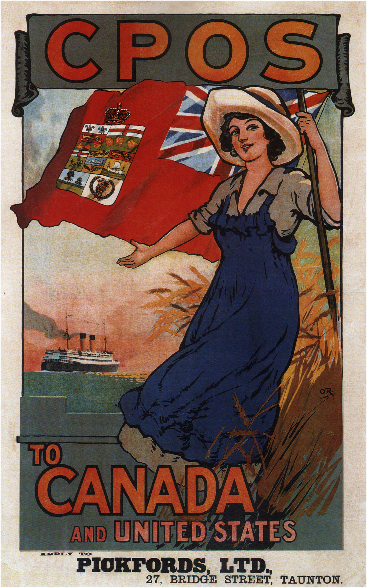 A woman in a blue dress holds a Canadian flag beside a departing liner, above a Pickfords Taunton agency advertisement.