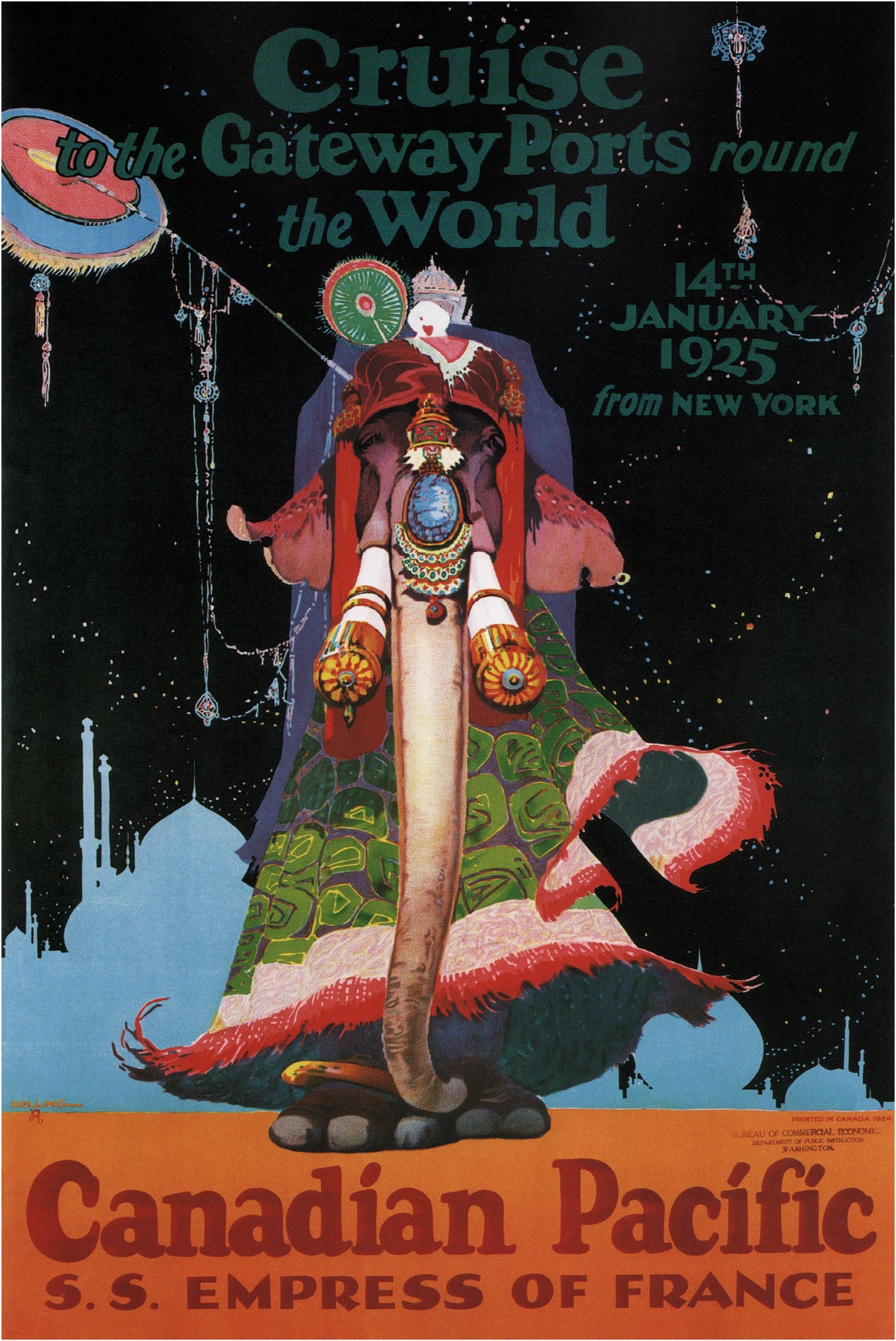 An elaborately decorated elephant stands among suspended ornaments above Canadian Pacific lettering for a January 1925 cruise.