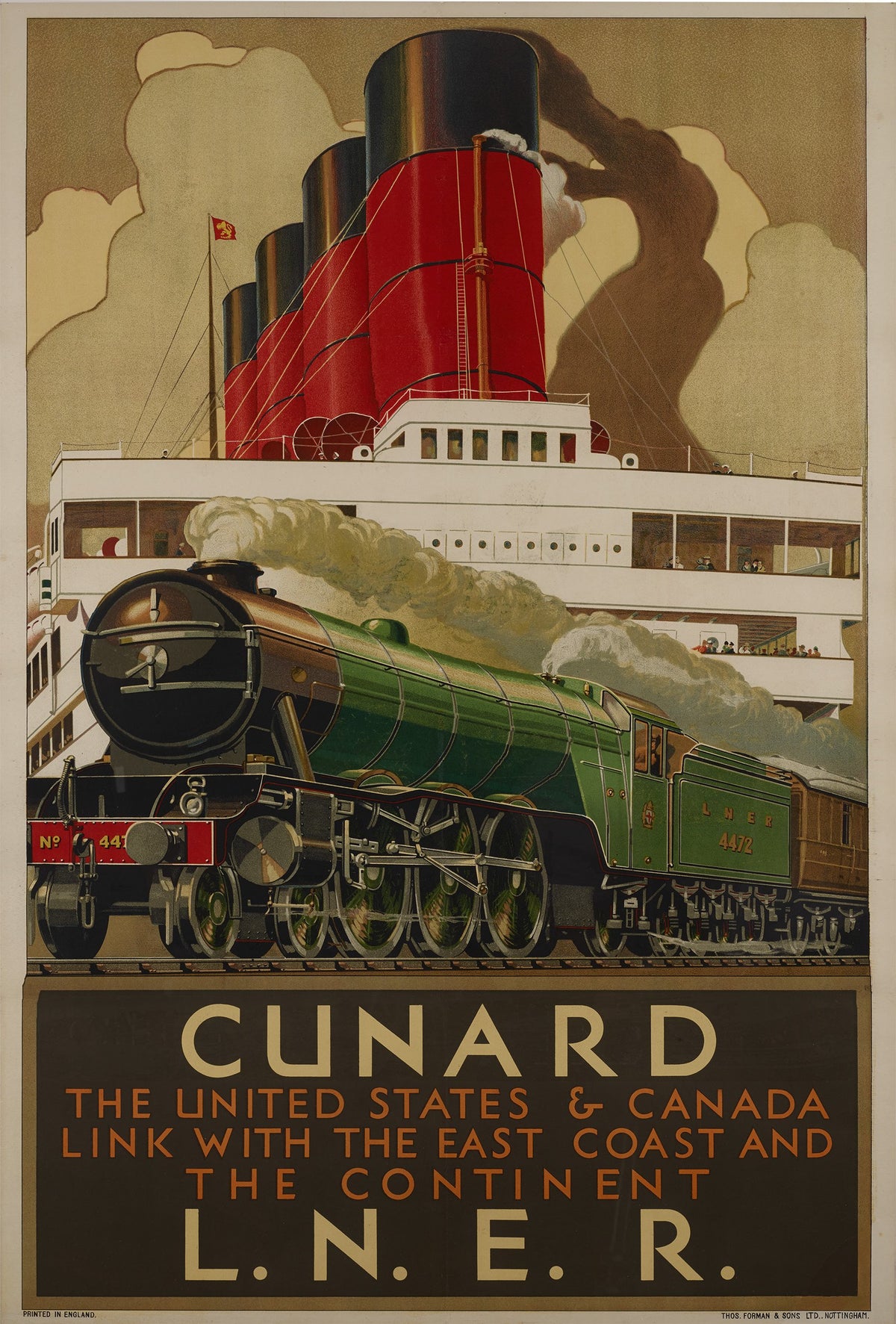 A green steam locomotive passes before a towering ocean liner with red funnels above Cunard and LNER lettering.