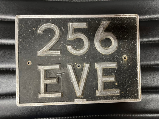 Vintage British car registration plate 256 EVE c1950s