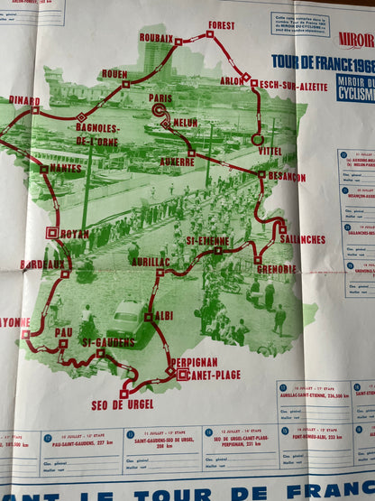 Vintage Cycling Print - Tour de France Route Map, 1968