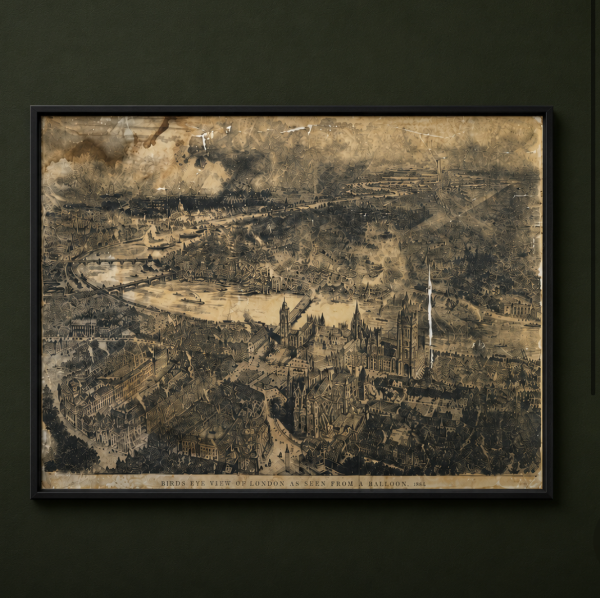 Victorian Monochrome Print - Bird’s eye view of London', H. Brewer 1884