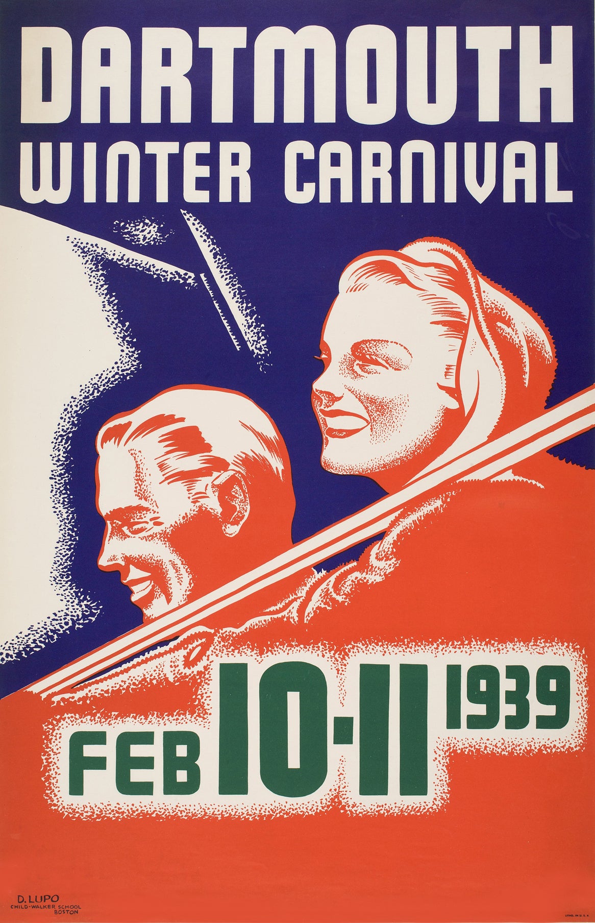 Two smiling skiers and a ski-jump silhouette form a bold red, white and blue design for the February 1939 winter carnival.