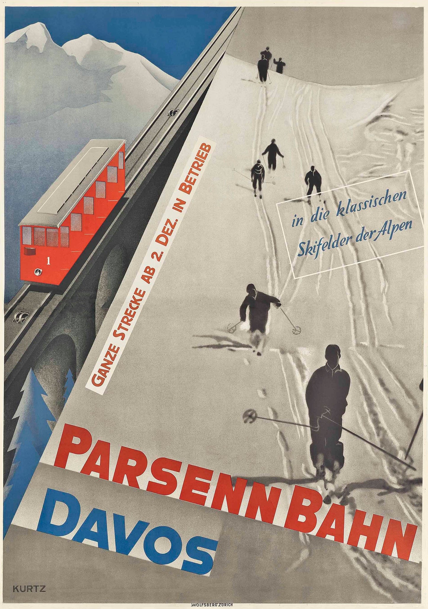 Vintage Ski poster Davos,Parsen Bahn Switzerland 1930 by Helmet Kurtz