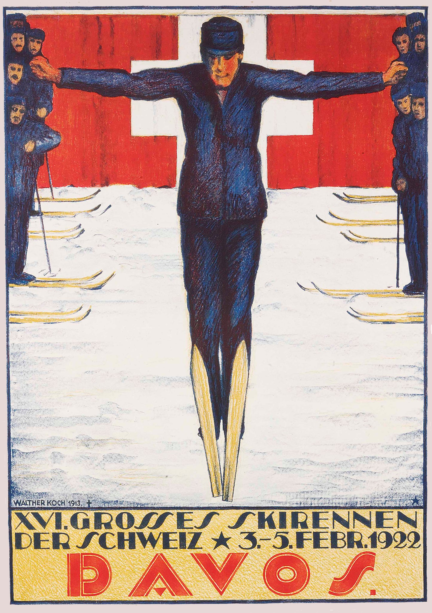 Vintage Ski poster Davos Switzerland 1915 Davos, Walther Koch