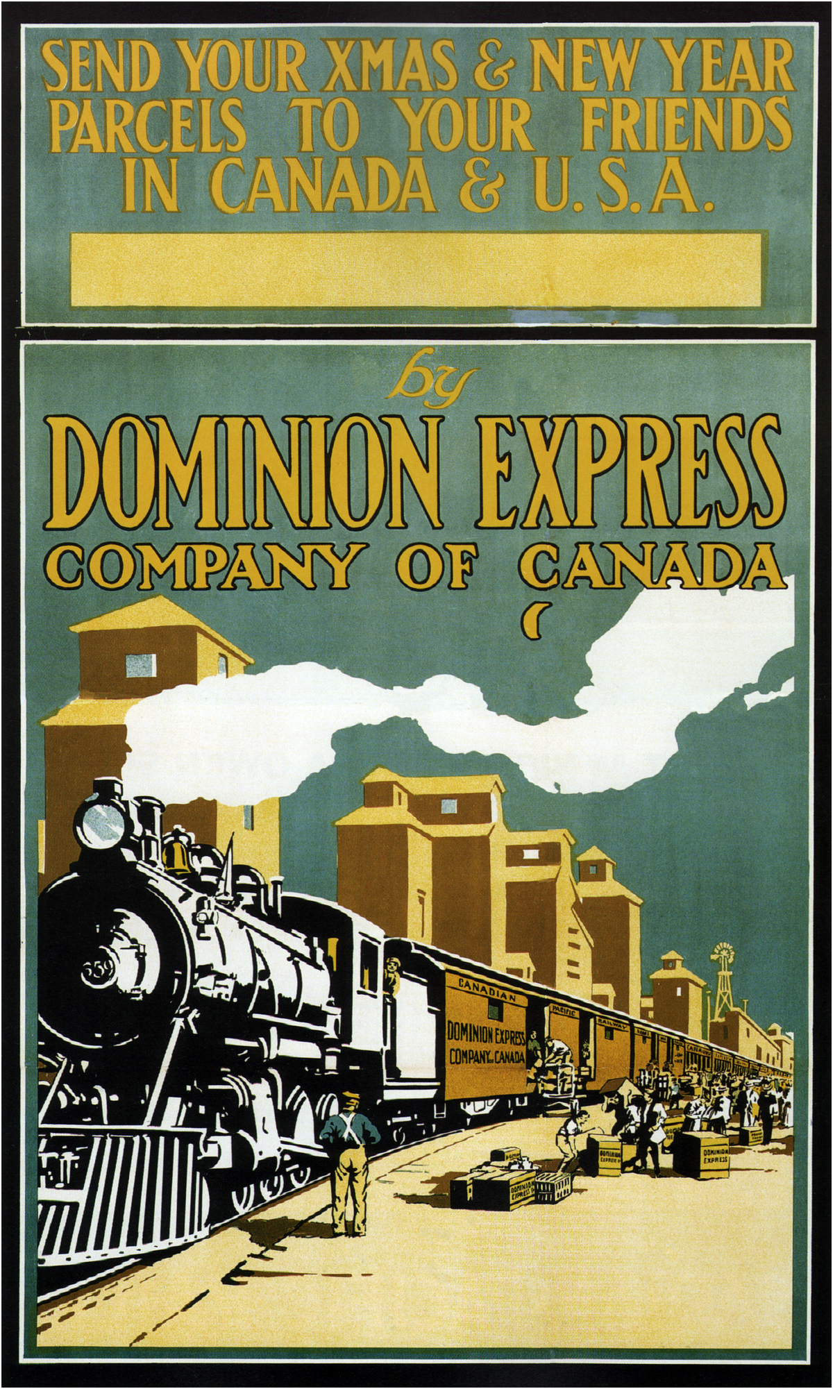 A steam locomotive waits beside grain elevators as workers load parcels beneath a Christmas and New Year delivery advertisement.