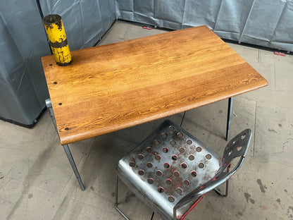 1950s James Leonard compass leg Desk with reclaimed elm top