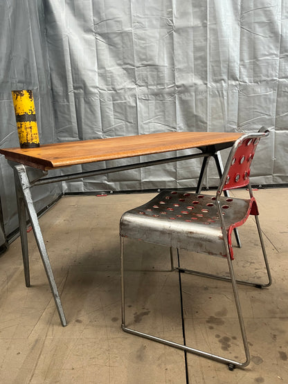 1950s James Leonard compass leg Desk with reclaimed elm top