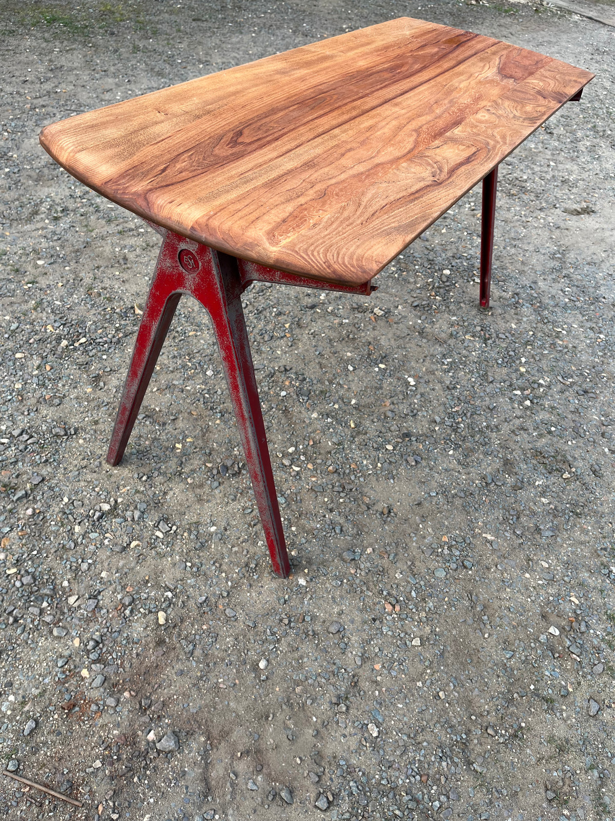 1950s James Leonard ESA side Table with reclaimed elm top