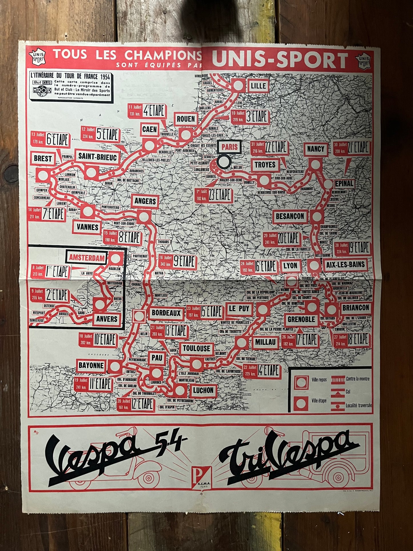 1954 Vintage Tour De France Vespa Stage map