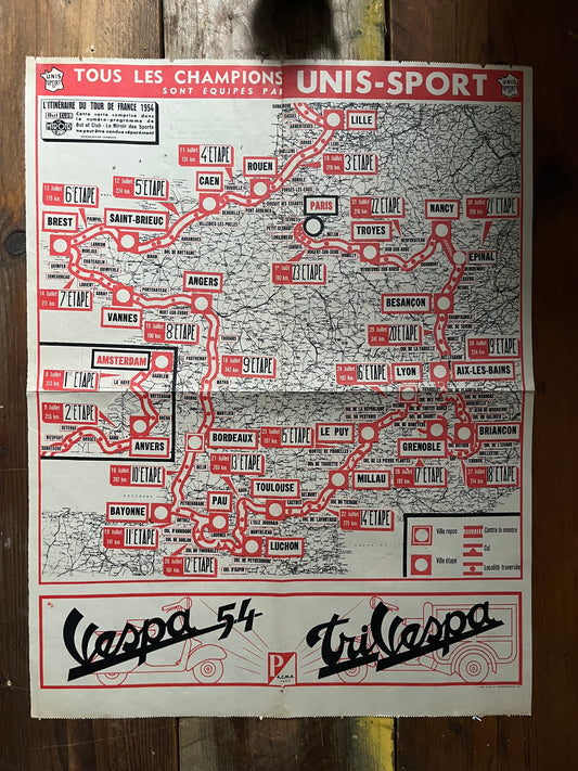 1954 Vintage Tour De France Vespa Stage map