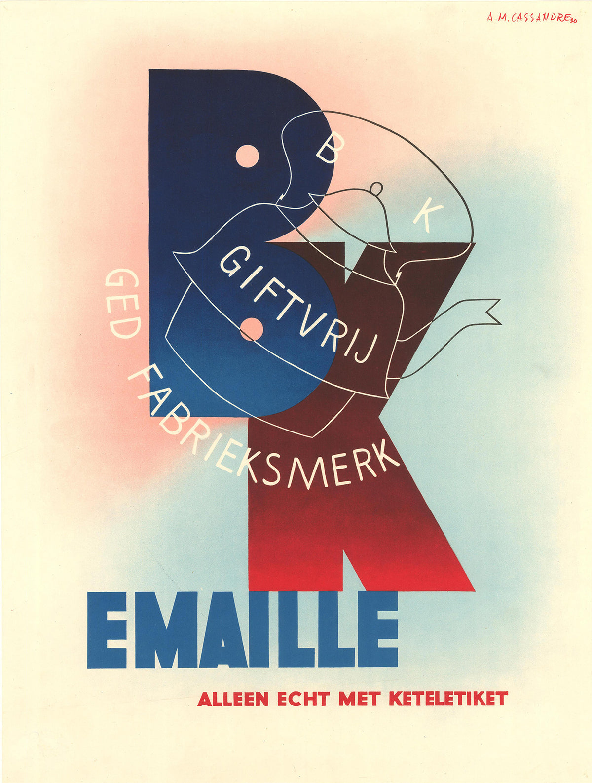 Overlapping geometric letterforms and a fine outline of a kettle create a spare composition in blue, red, black and pale past