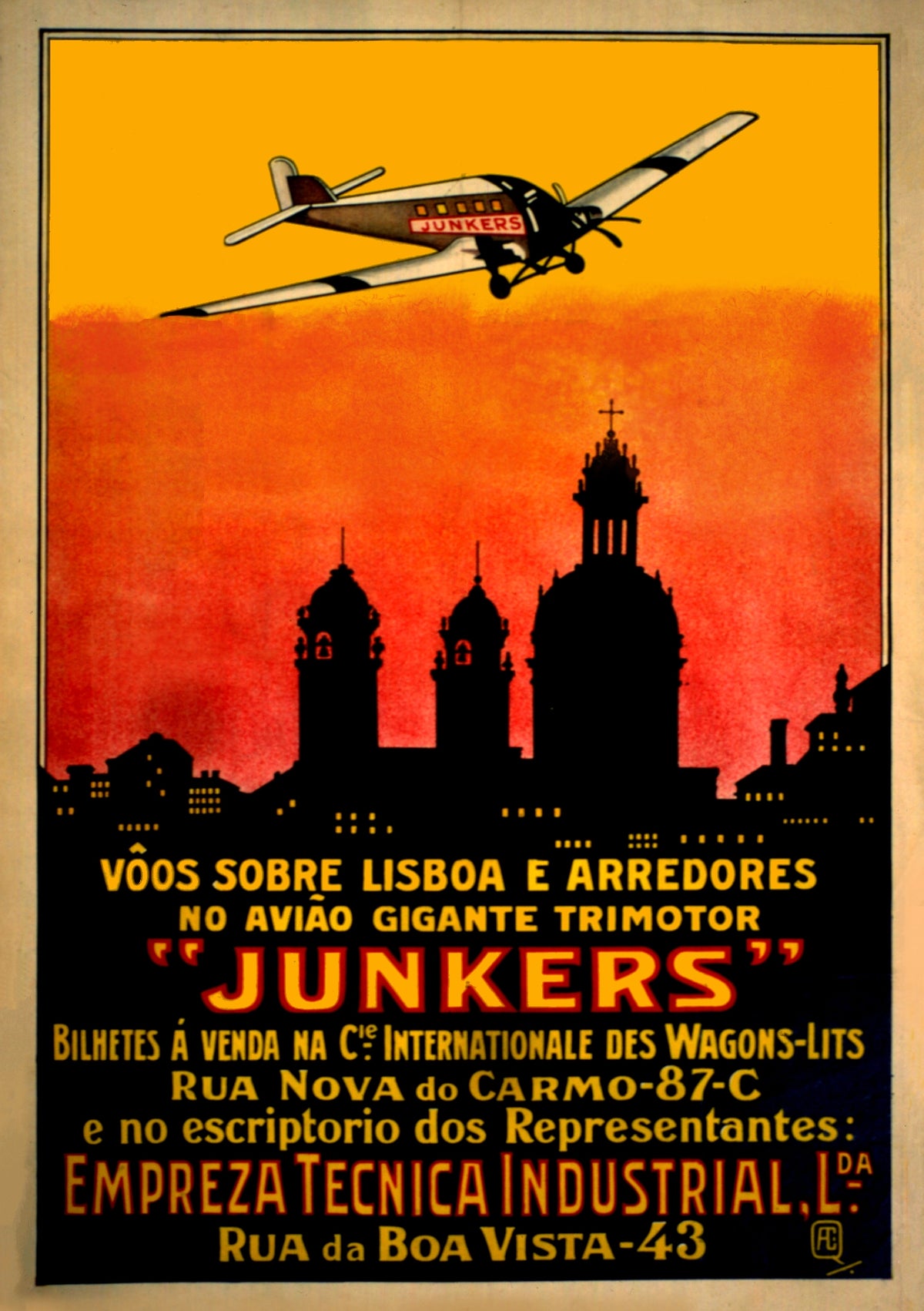 Junkers aircraft above a dark Lisbon skyline against an orange sky.