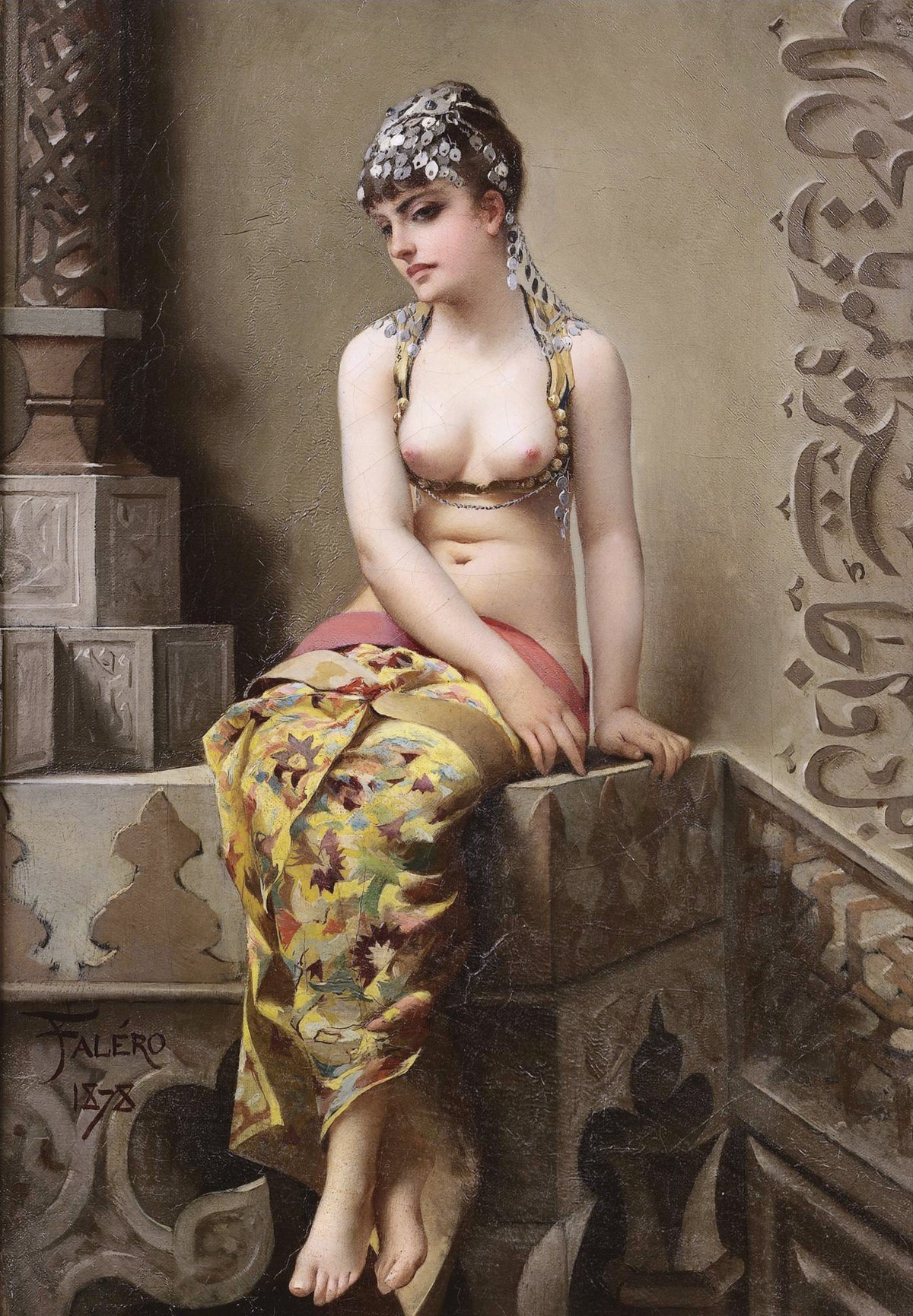 A seated woman wearing an ornate silver headdress and floral drapery rests among carved architectural details.