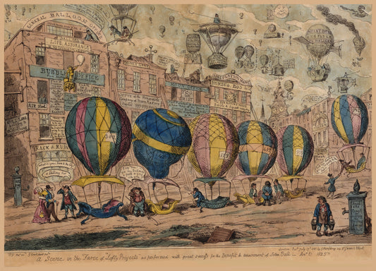 Colourful balloons and fanciful aerial vehicles fill a busy streetscape lined with satirical shop signs.
