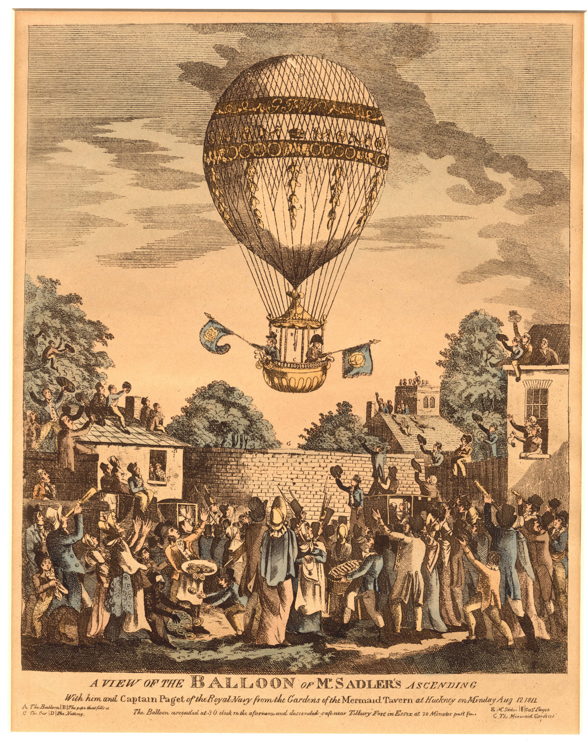 A decorated balloon rises above a lively crowd gathered outside buildings in a finely detailed historical illustration.
