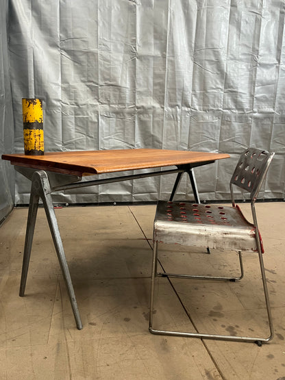 1950s James Leonard compass leg Desk with reclaimed elm top