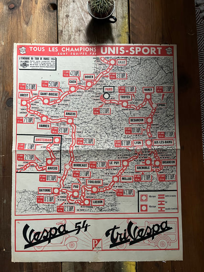 1954 Vintage Tour De France Vespa Stage map