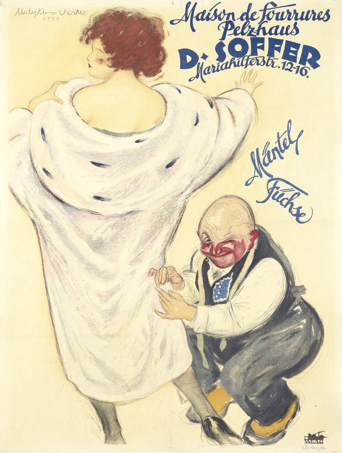 A woman in a sweeping pale fur coat stands beside a small tailor, with flowing blue lettering advertising D. Soffer.
