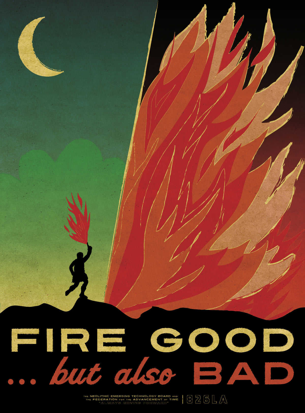 A small silhouetted figure and towering orange-red flames contrast with a green night sky and crescent moon in this striking 