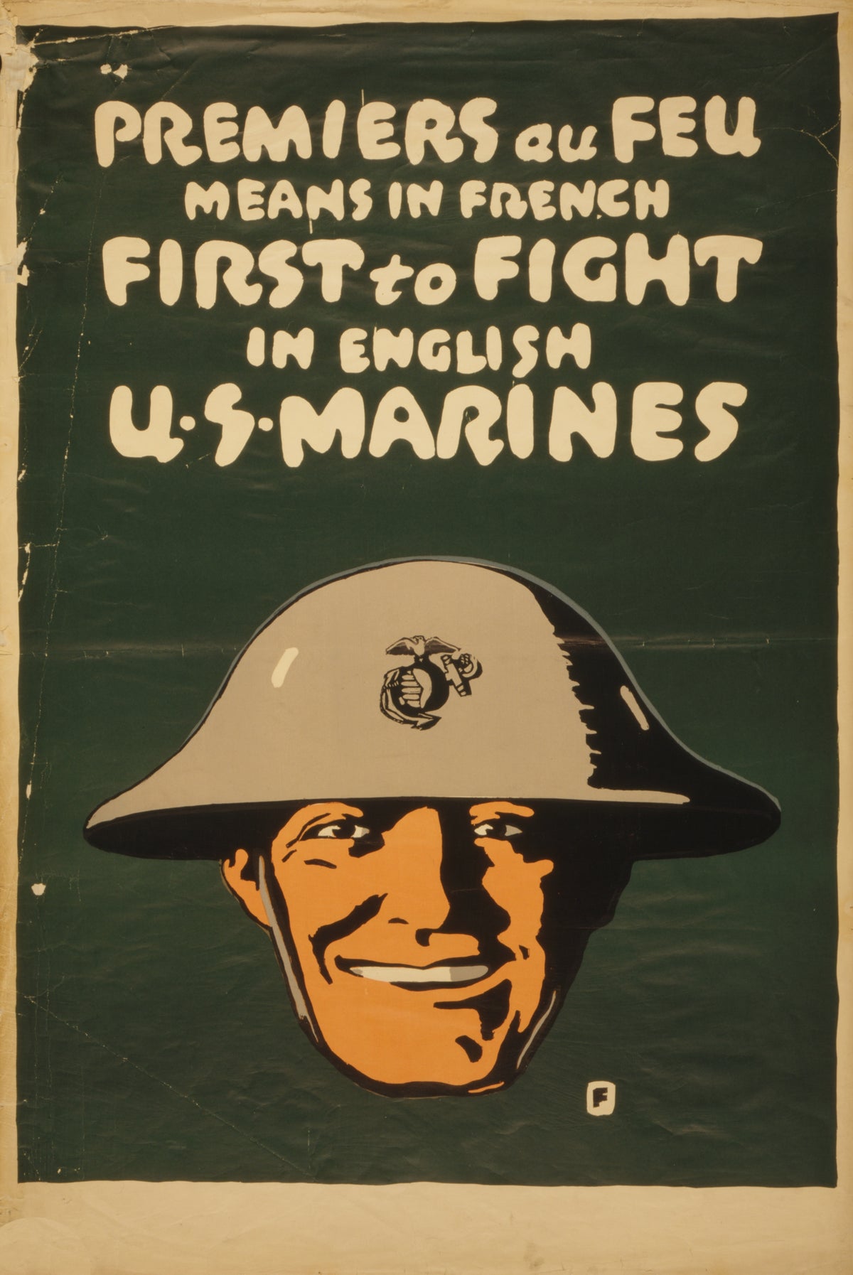 A smiling Marine in a helmet appears below cream recruitment lettering against a deep green background.