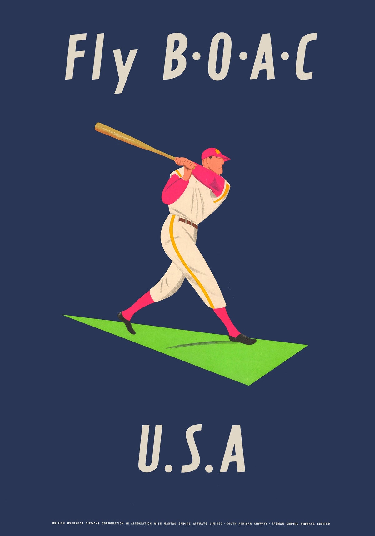 A baseball player swings a bat on a bright green wedge against a navy-blue background beneath Fly BOAC lettering.