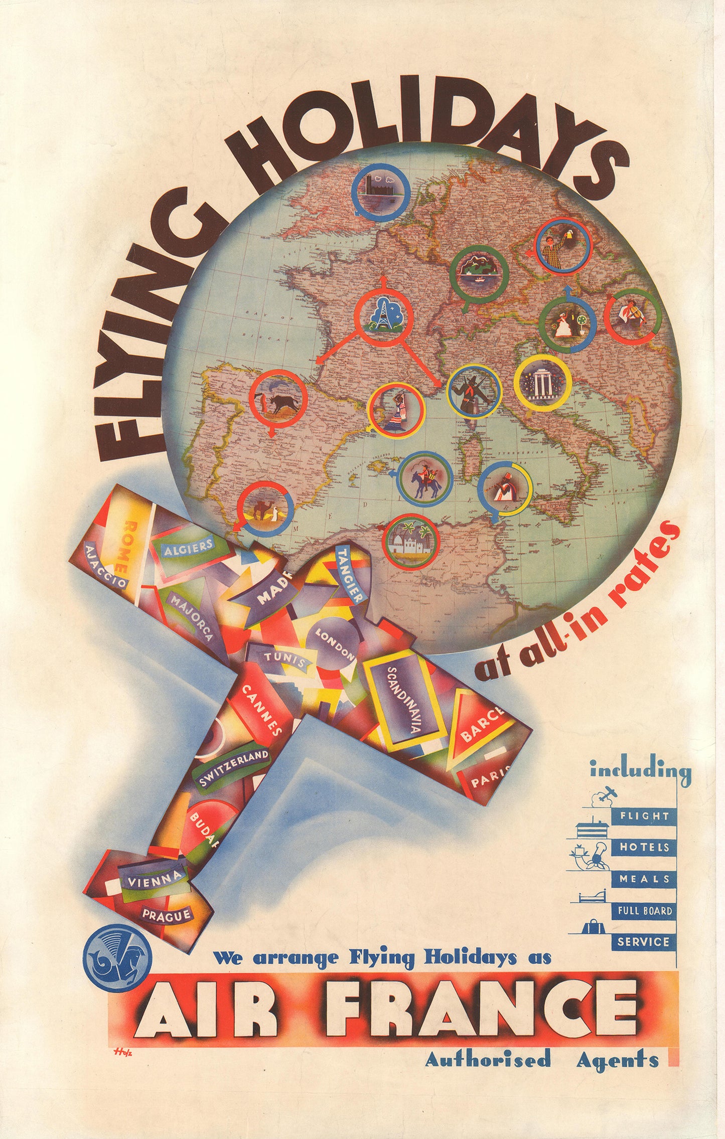Vintage Travel poster - Flying Holidays with Air France c1936