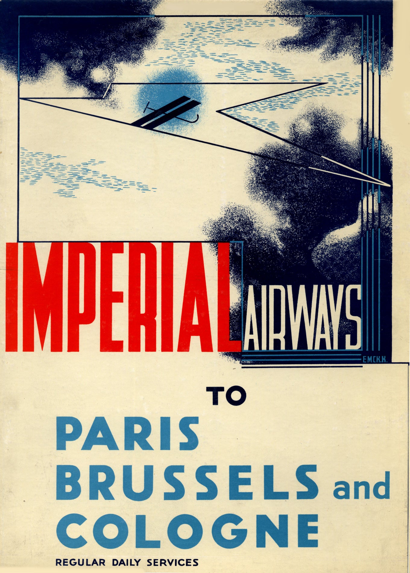 Vintage aviation Poster- Imperial Airways c1932 Paris Brussels Cologne