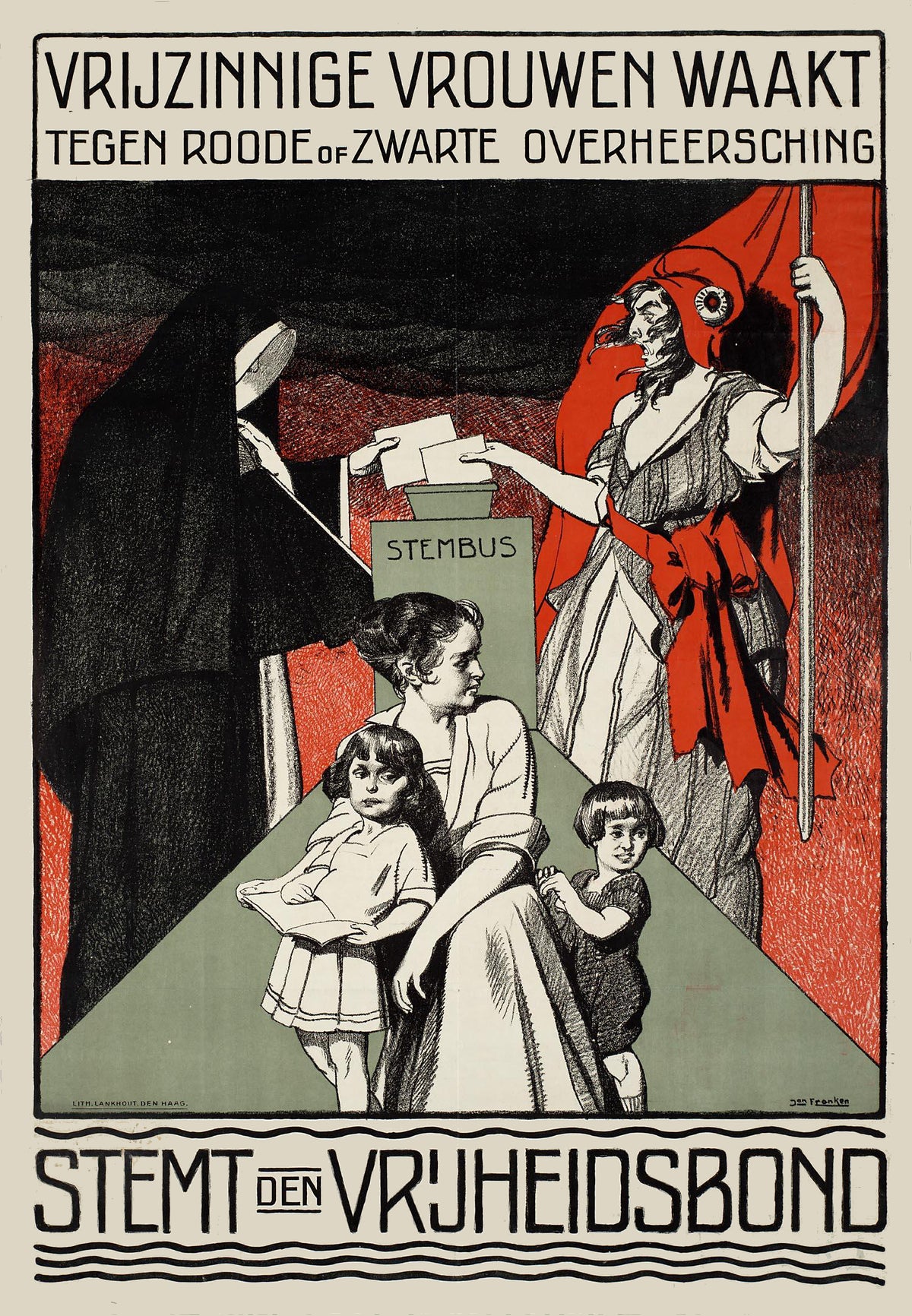 A classical female figure casts a ballot beside a red flag while a mother and children sit below bold Dutch campaign lettering.