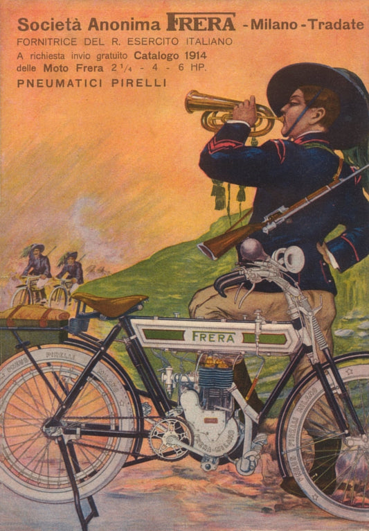 A uniformed bugler beside a Frera motorcycle against an orange sky.