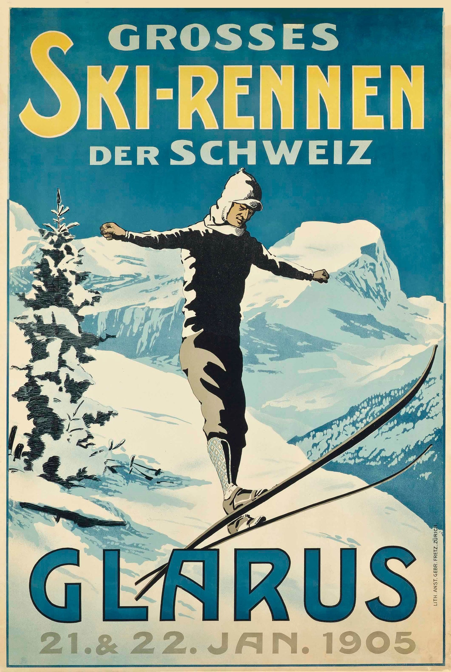 Vintage Ski poster Glarus Rennen Switzerland 1905