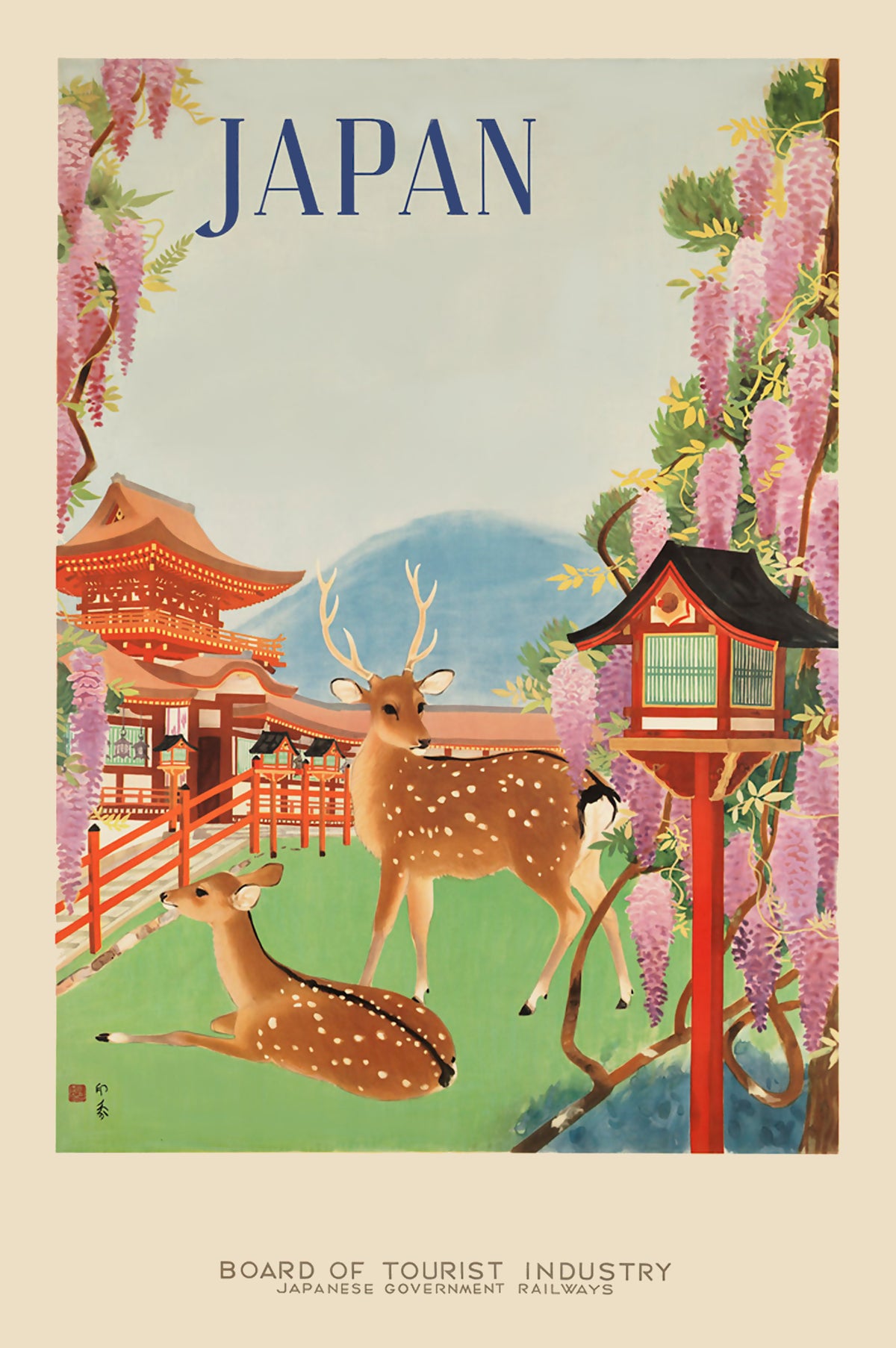 Two spotted deer stand beside red shrine buildings and a lantern, framed by hanging purple wisteria and distant mountains.