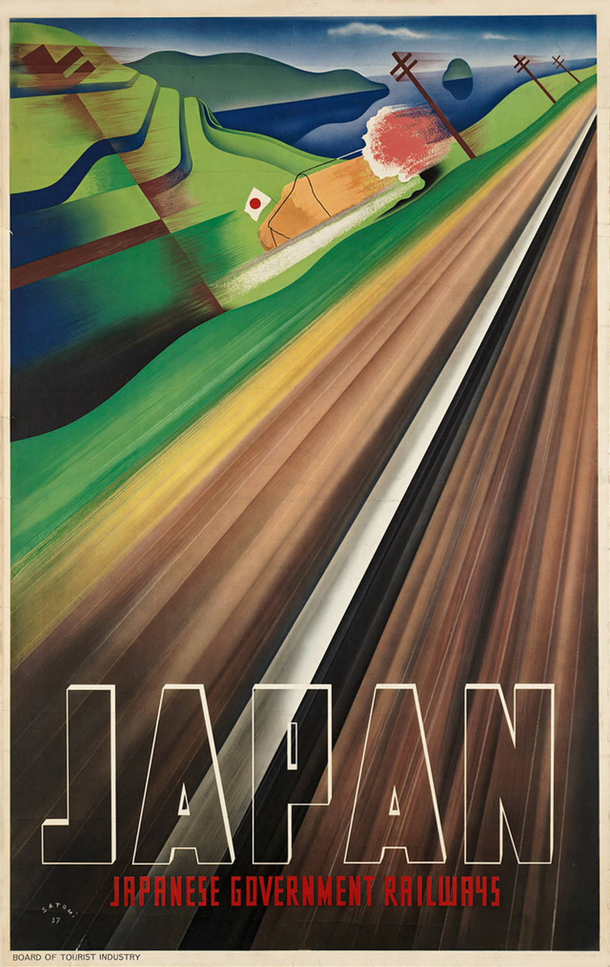 Diagonal railway tracks rush through a vivid green landscape, with telegraph poles and a pink blossom tree rendered in a dynamic modernist style.