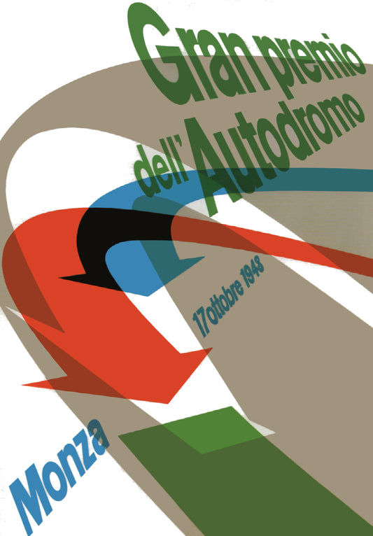 Sweeping red, blue and green arrows accompany slanted lettering for the Monza event dated 17 October 1948.
